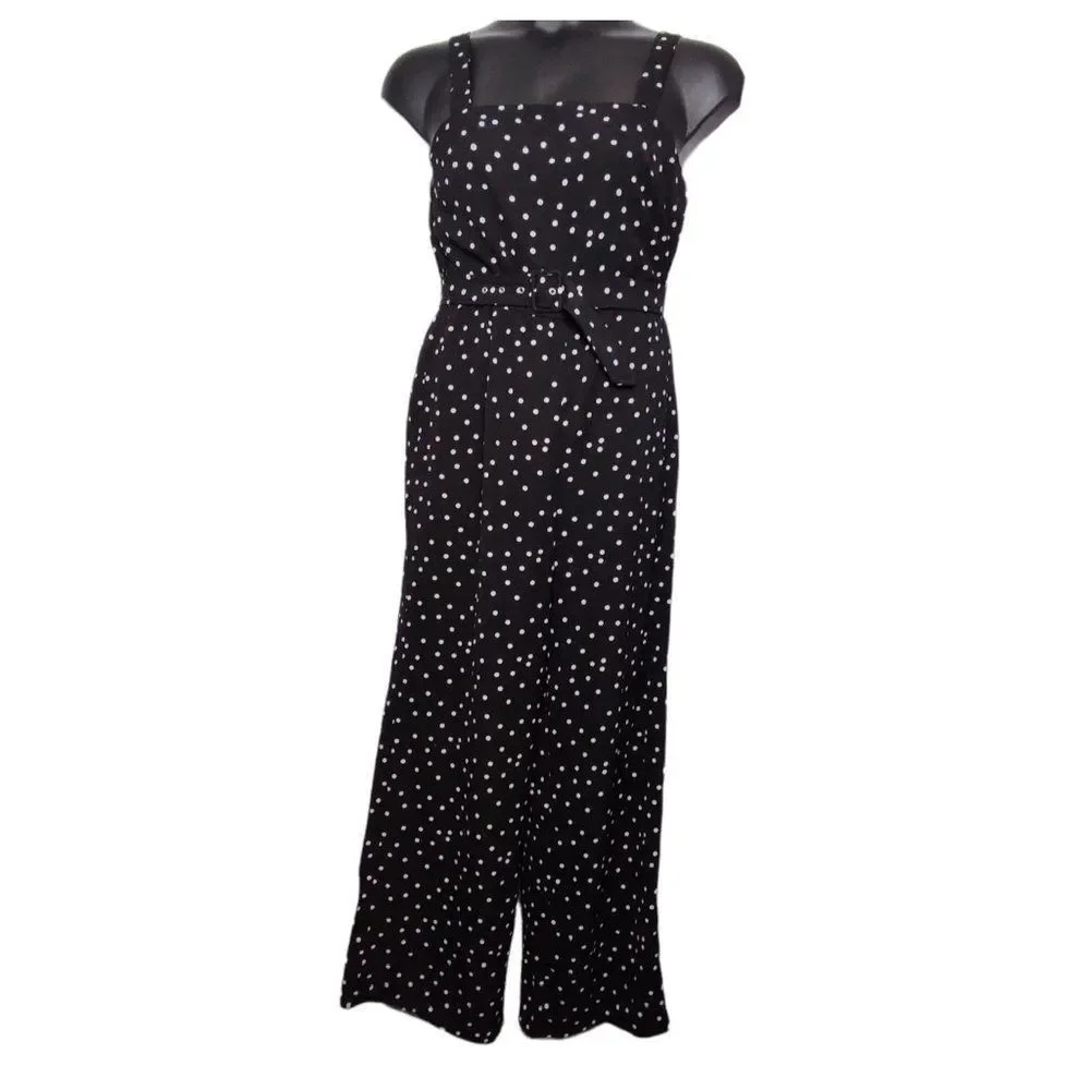 Trixxi Polka Dot Sleeveless Adjustable Straps Belted Jumpsuit Black White XL - Picture 3 of 10
